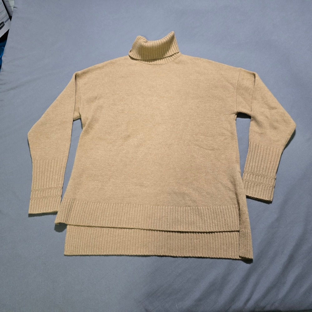 J.Crew Turtleneck Sweater Womens Medium Tan Wool Blend High-Low Hem Ribbed Knit